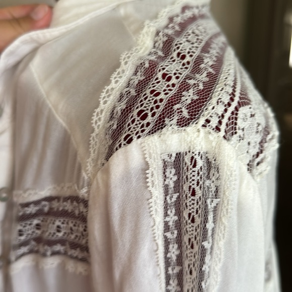 Free People Wild wind crisp white button up collared shirt with lace ext... - Picture 8 of 9